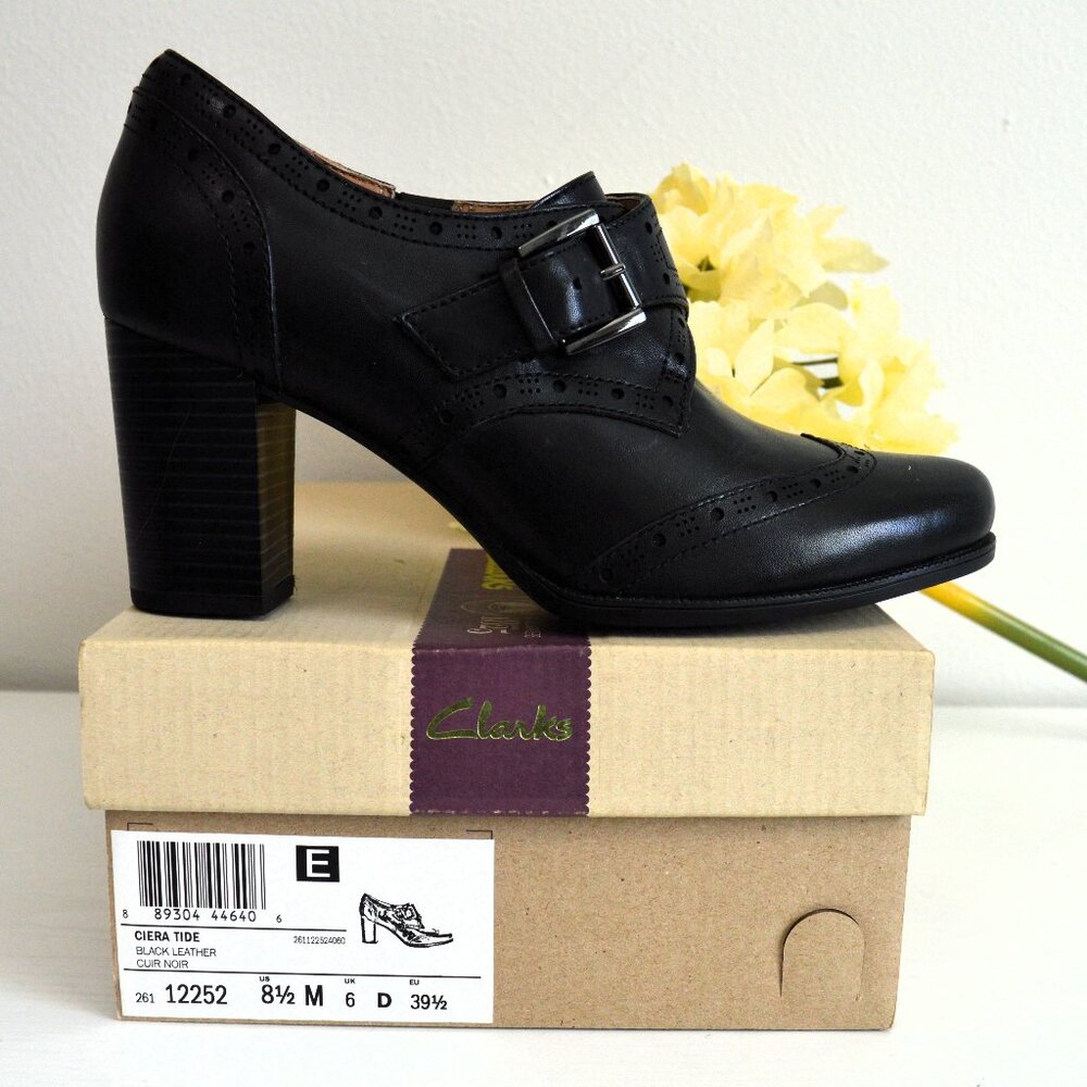 Clarks Ciera Tide Black Leather Platform Pump Booties